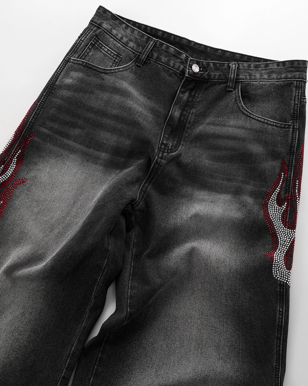 Flame Graphic Rhinestone Barrel Jeans | LCDEGO Streetewear