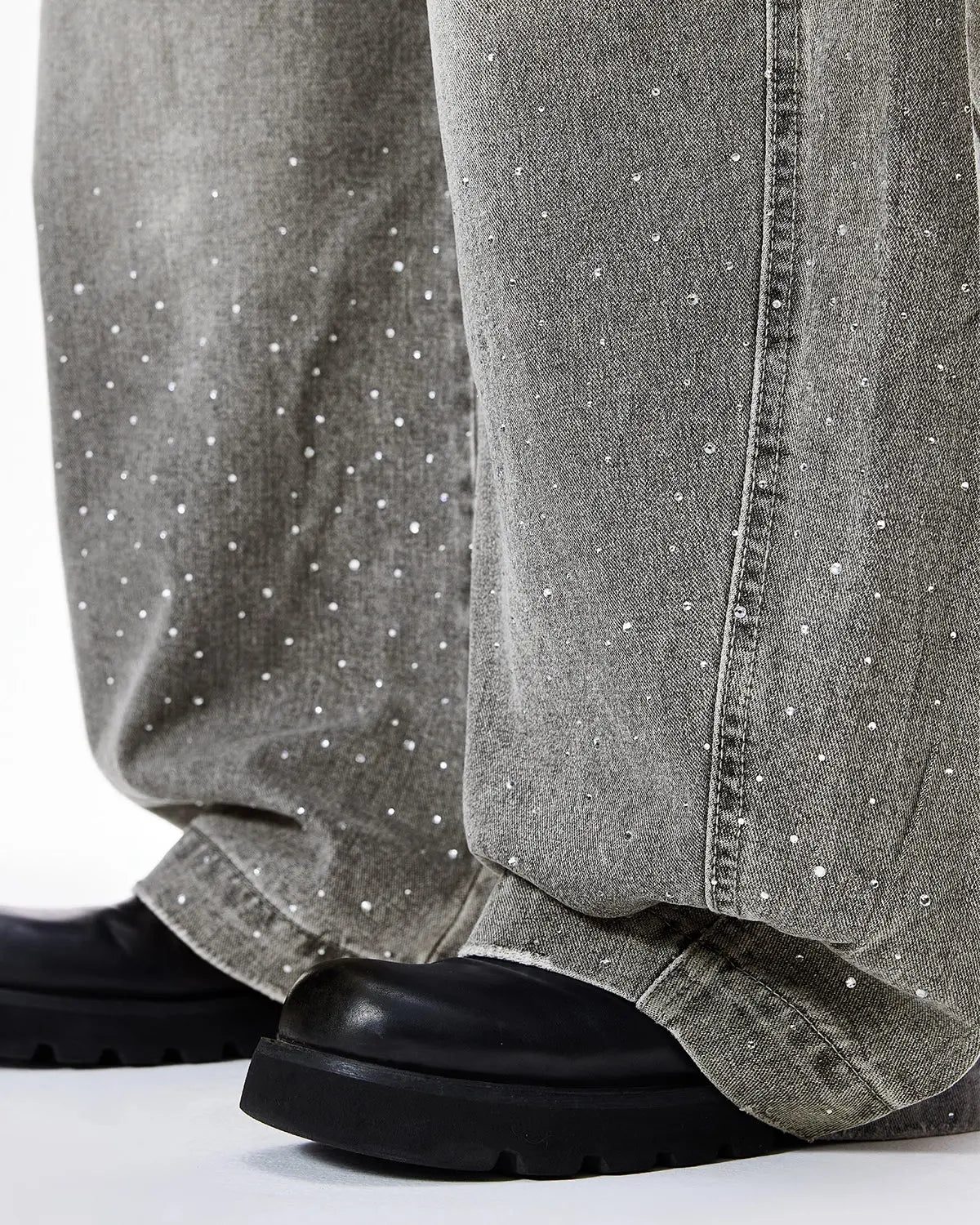Rhinestone Washed Barrel Jeans| LCDEGO Streetwear