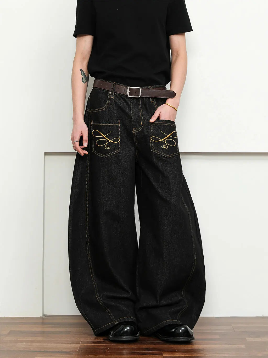 Pocket Embroidery Raw Barrel Jeans | LCDEGO Streetwear