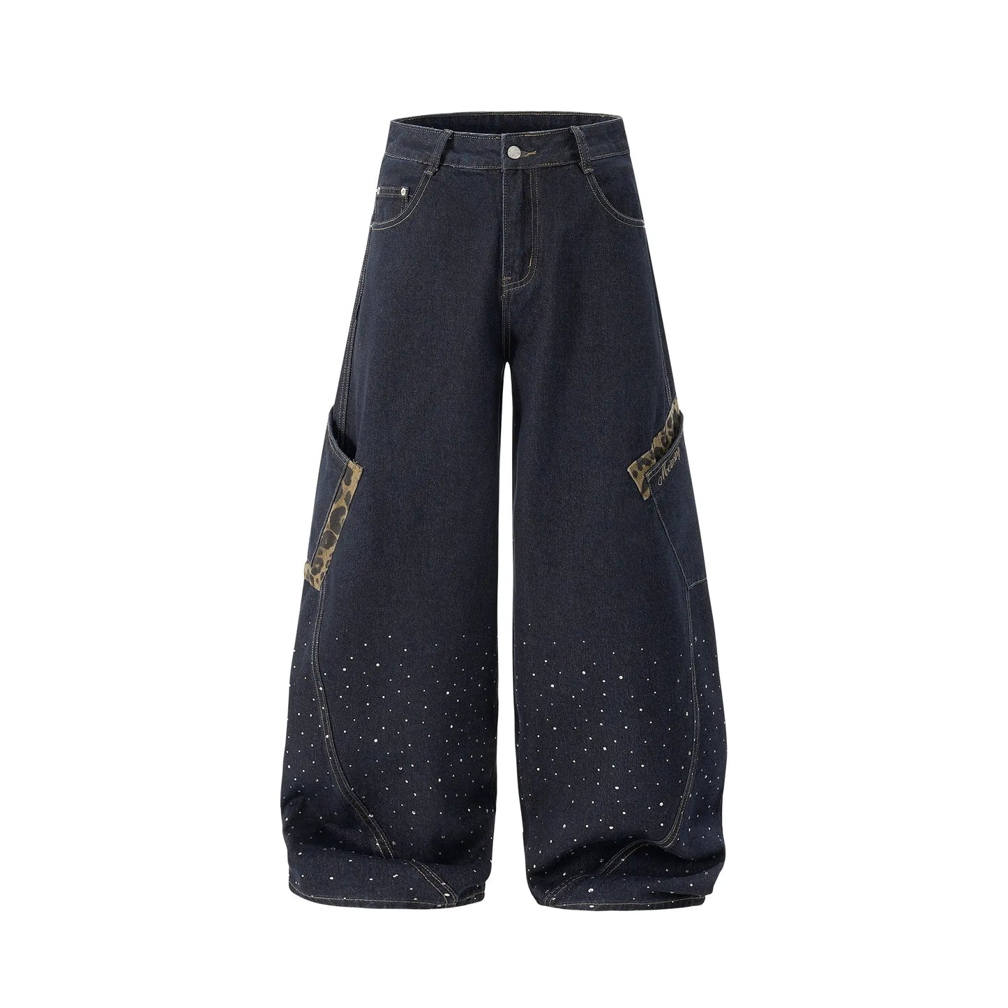 Leopard Patch Rhinestone Barrel Jeans | LCDEGO Streetwear
