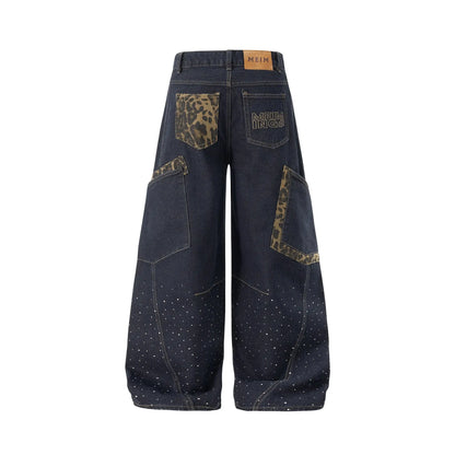 Leopard Patch Rhinestone Barrel Jeans | LCDEGO Streetwear