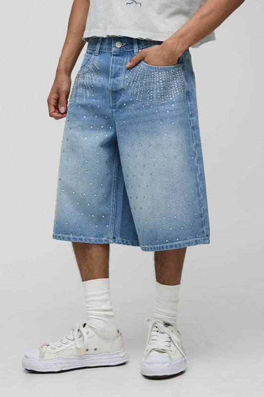 Blue Rhinestone Baggy Jeans Shorts | LCDEGO Streetwear