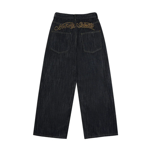 Embroidered Raw Baggy Jeans | LCDEGO Streetwear