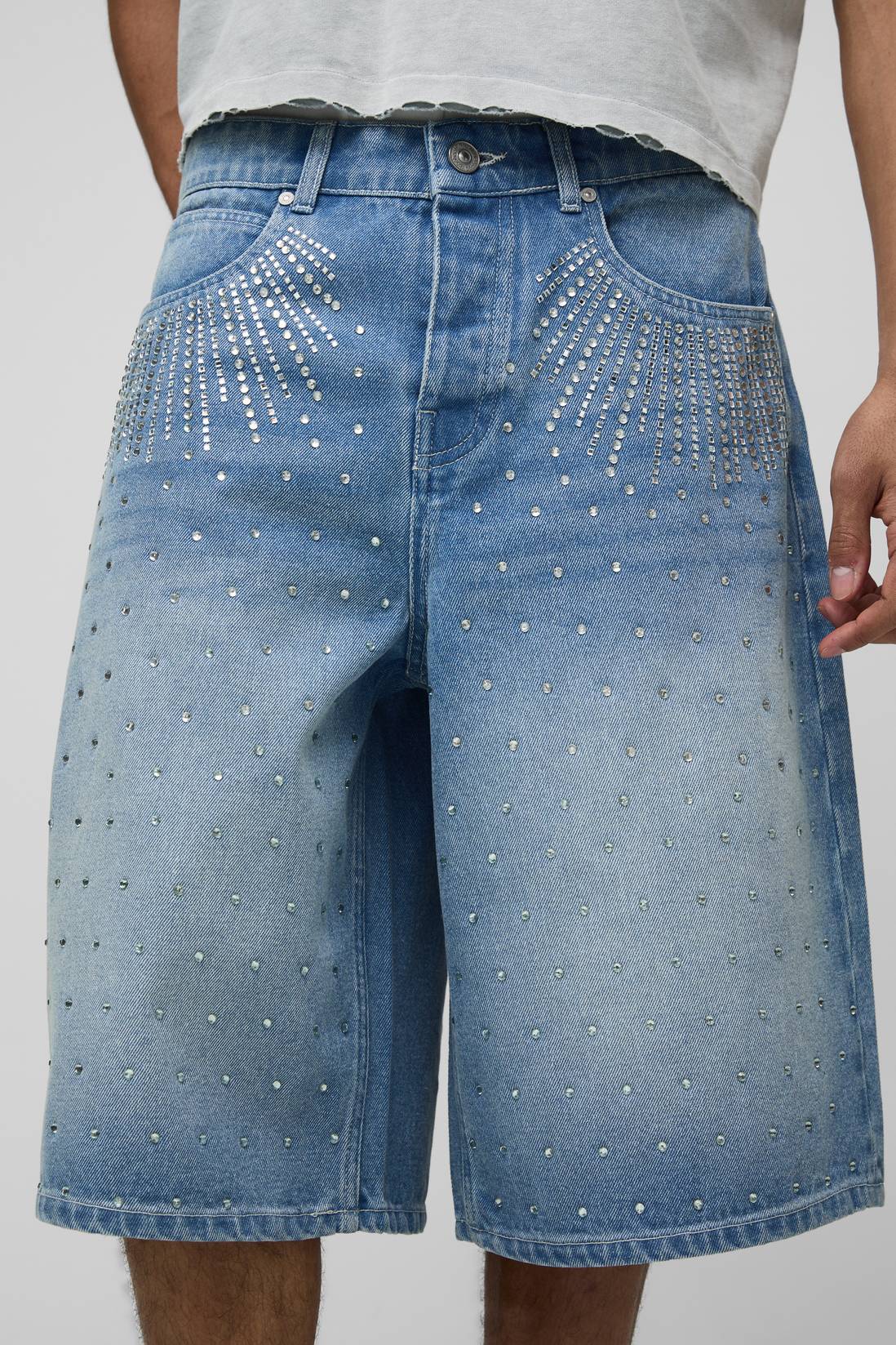 Blue Rhinestone Baggy Jeans Shorts | LCDEGO Streetwear