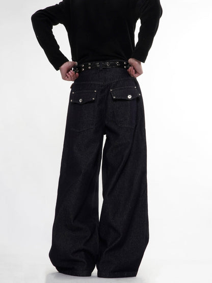 Buttons Up Raw Blue Baggy Jeans | LCDEGO Streetwear