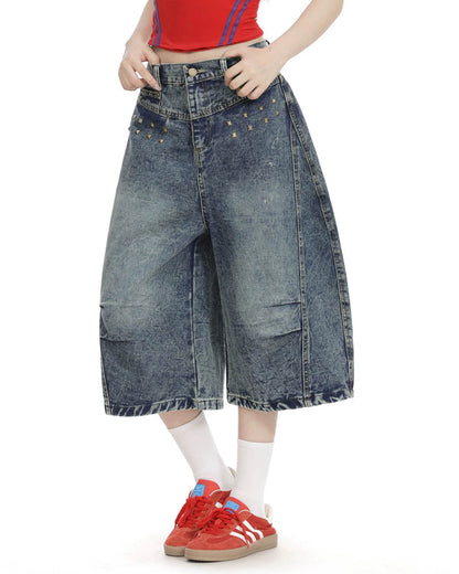 Studded Washed Long Baggy Jorts | LCDEGO Streetwear