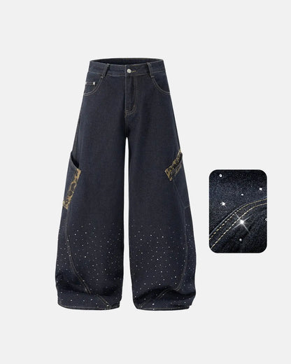 Leopard Patch Rhinestone Barrel Jeans | LCDEGO Streetwear