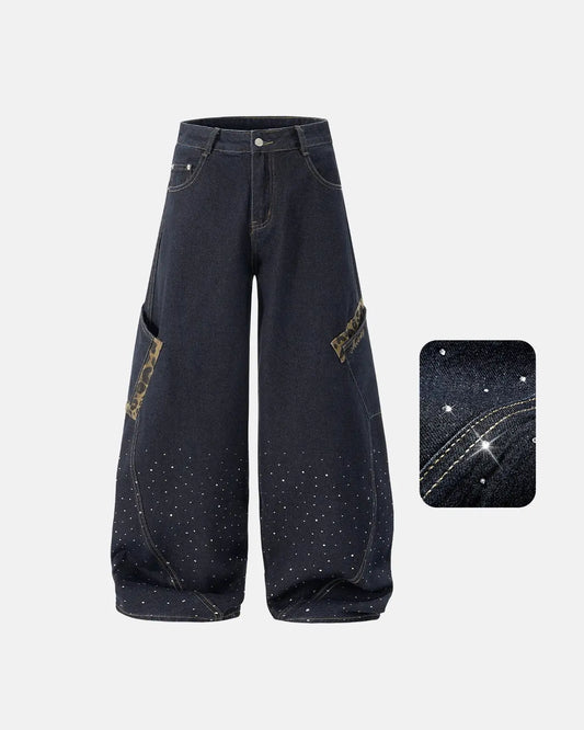 Leopard Patch Rhinestone Barrel Jeans | LCDEGO Streetwear