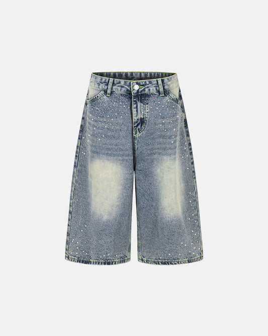 paint splatter washed denim jorts with longline baggy fit
