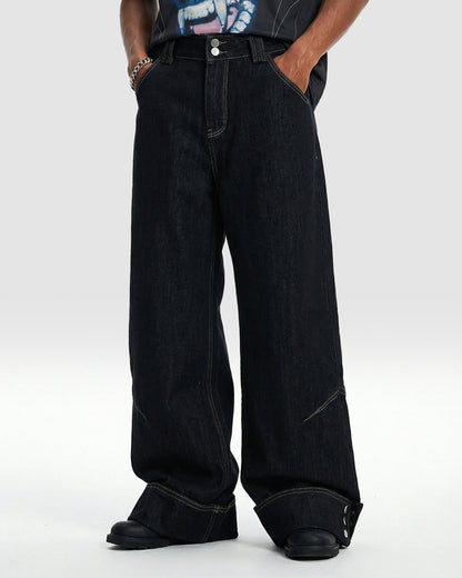 Dark Washed Cuff Detail Wide Leg Jeans | LCDEGO Streetwear