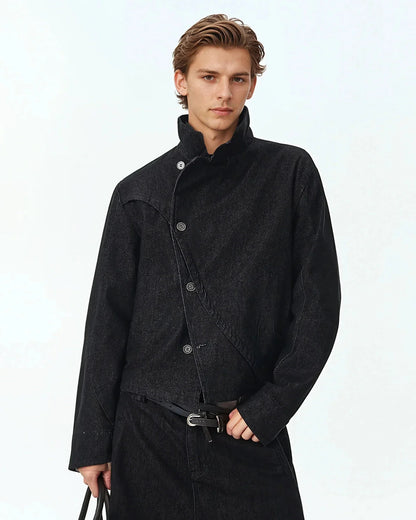 Cropped Asymmetric Button Denim Jacket | LCDEGO Streetwear