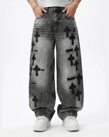 Distressed Cross Barrel Jeans | LCDEGO Streetwear