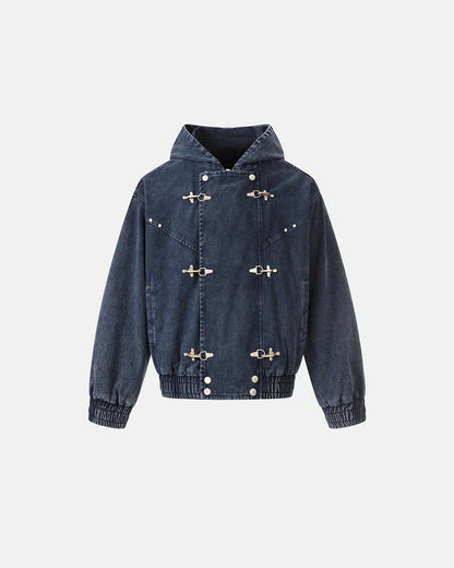 Washed Clasp Fireman Hooded Denim Jacket | LCDEGO Streetwear