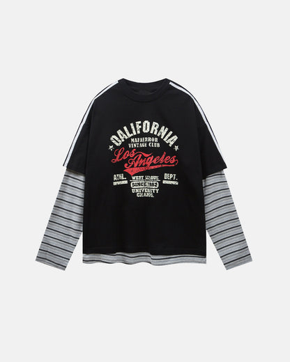 Retro Letter Print Layered Stripe T-Shirt | LCDEGO Streetwear
