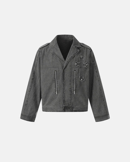 Washed Cross Applique Cargo Jacket | LCDEGO Streetwear