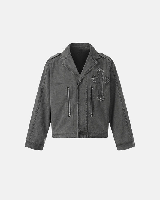 Washed Cross Applique Cargo Jacket | LCDEGO Streetwear