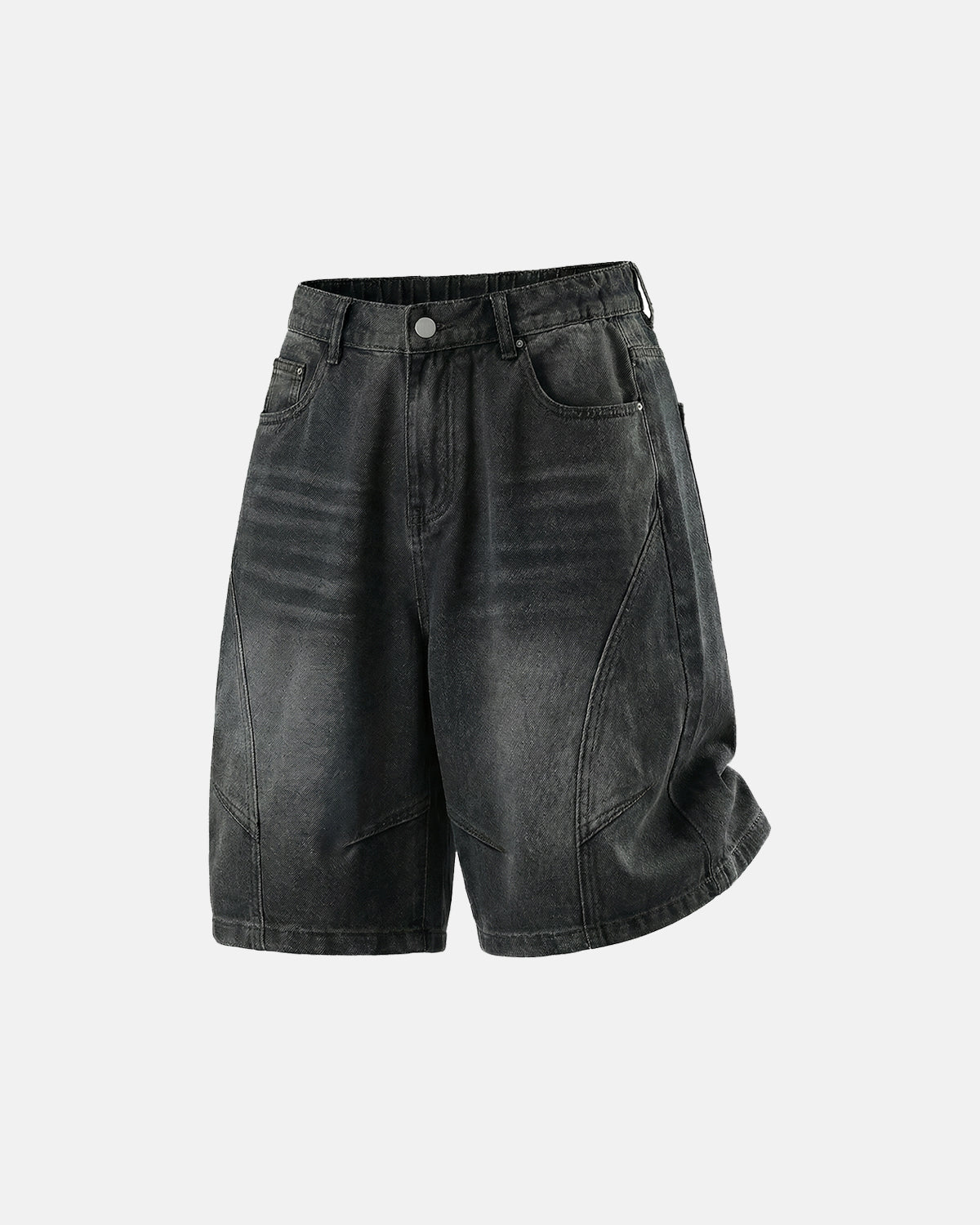 mens denim shorts with curved seam construction and faded wash