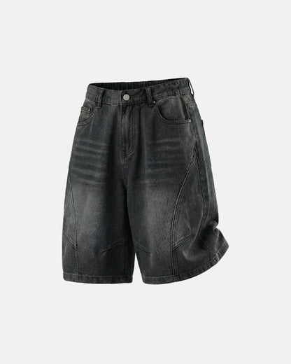 mens denim shorts with curved seam construction and faded wash