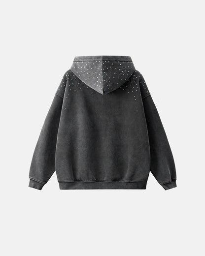 Distressed Washed Rhinestone Zip Up Hoodies | LCDEGO Streetwear