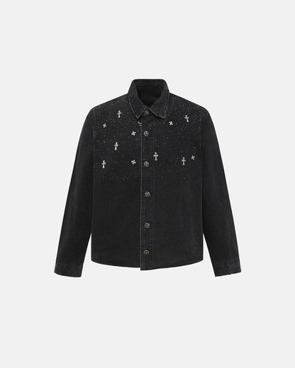 Starry Cross Rhinestone Washed Denim Shirt | LCDEGO Streetwear