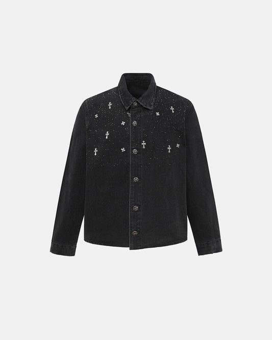 Starry Cross Rhinestone Washed Denim Shirt | LCDEGO Streetwear