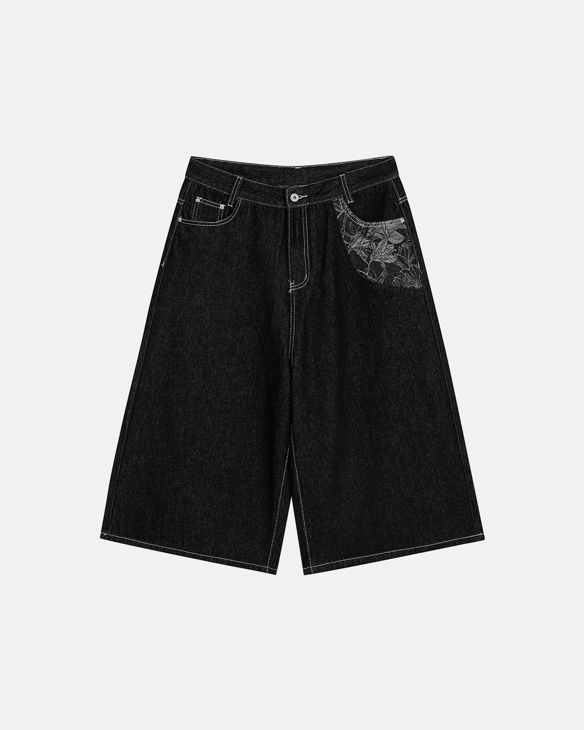 baggy denim jorts with embroidered pocket detail and loose fit