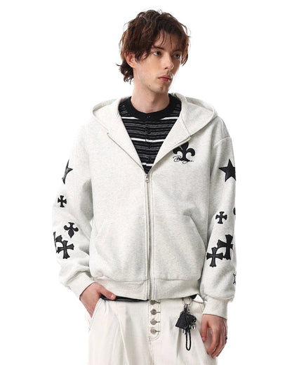 Cross PU Patch Embroidery Zip Up Hoodies | LCDEGO Streetwear