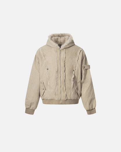 Faux Fur Lined Washed Hooded Jacket | LCDEGO Streetwear