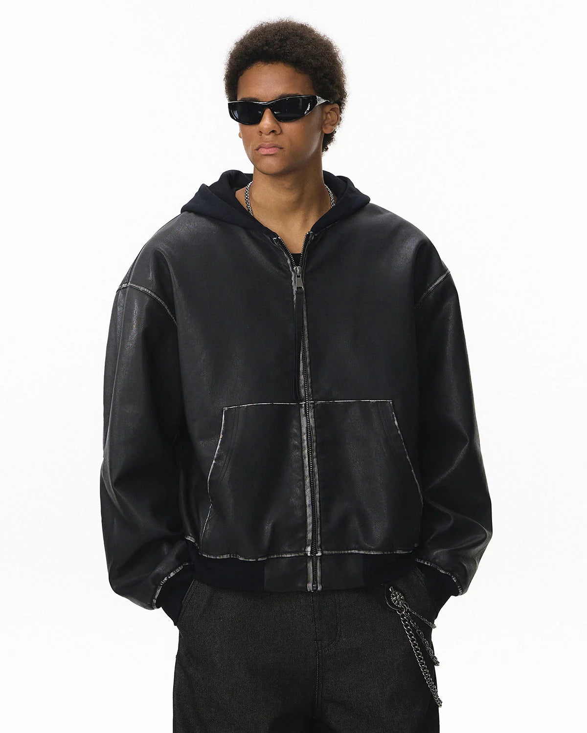 Faux Leather Hooded Bomber Jacket| LCDEGO Streetwear