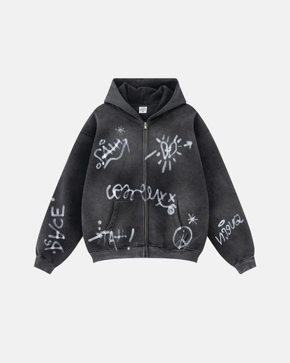 LCDEGO Graffiti Washed Zip Up Hoodies