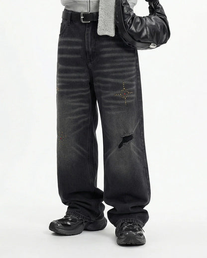 Distressed Rhinestone Ripped Baggy Jeans | LCDEGO Streetwear
