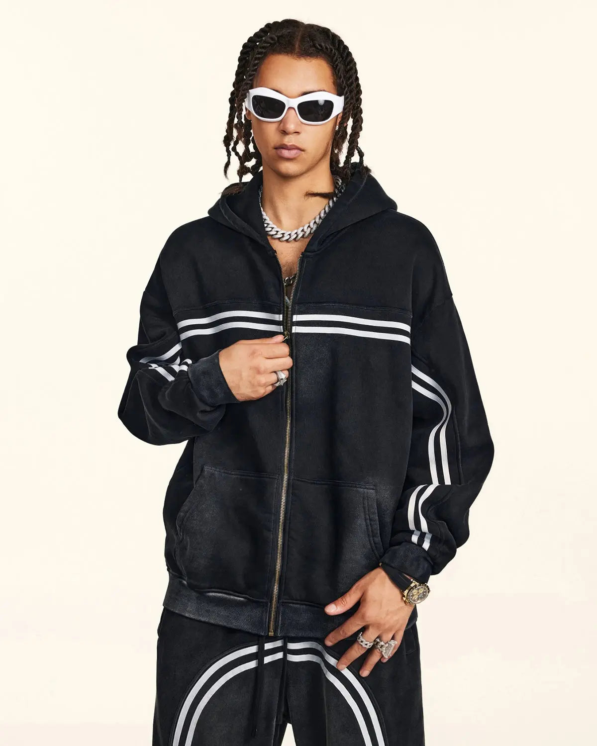 Striped Acid Wash Zip Up Hoodies | LCDEGO Streetwear