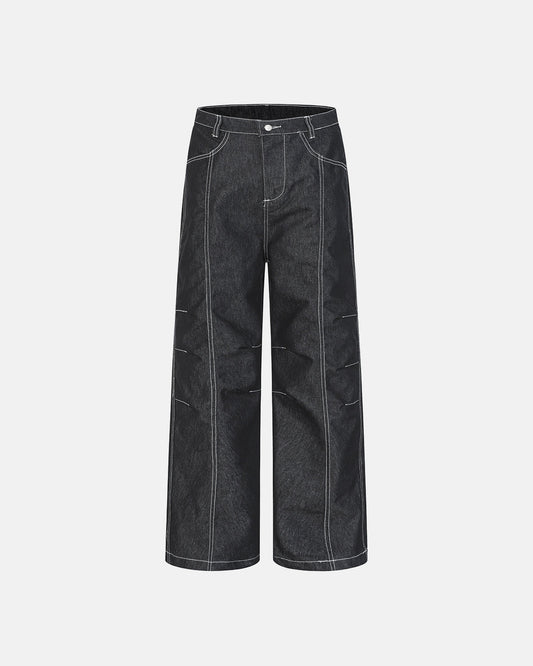 deconstructed pleated straight-leg jeans with structured seams and clean modern silhouette