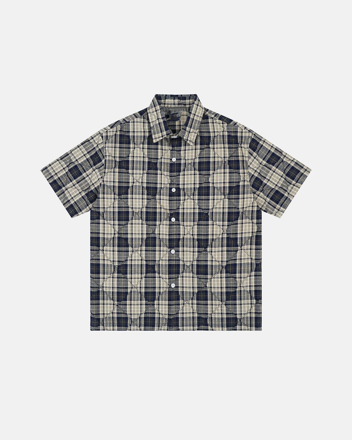 navy plaid stitch short-sleeve shirt front view