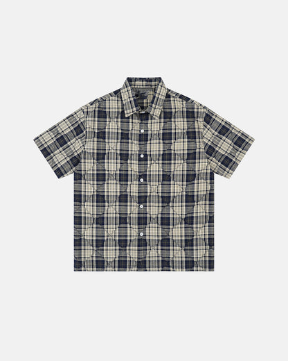 navy plaid stitch short-sleeve shirt front view