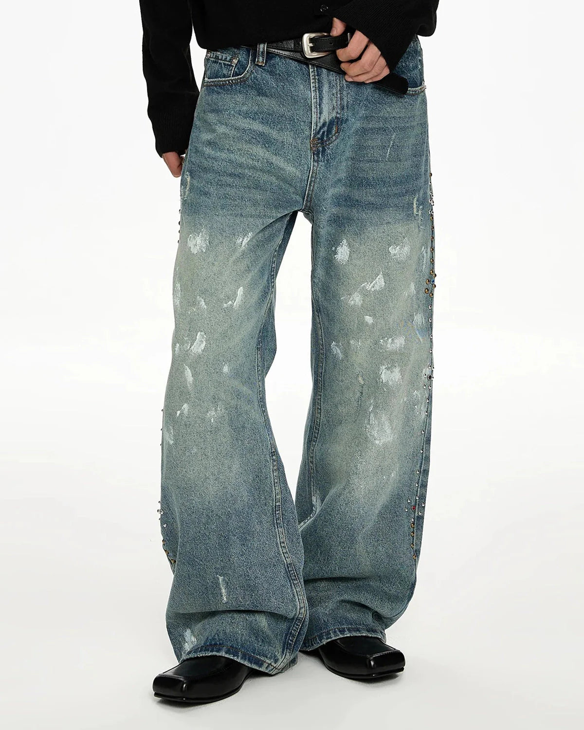 Acid Wash Beaded Studded Flared Baggy Jeans | LCDEGO Streetwear