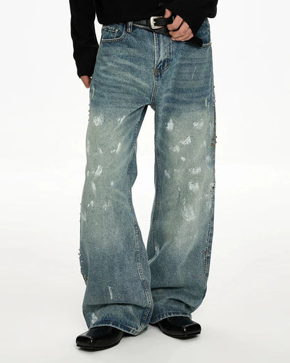 Acid Wash Beaded Studded Flared Baggy Jeans | LCDEGO Streetwear