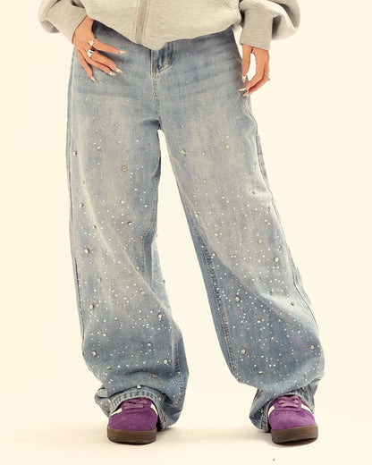 Studded Rhinestone Baggy Jeans | LCDEGO Streetwear