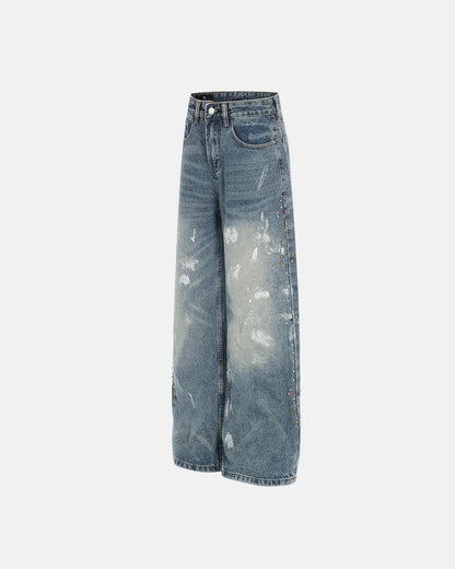 Acid Wash Beaded Studded Flared Baggy Jeans | LCDEGO Streetwear