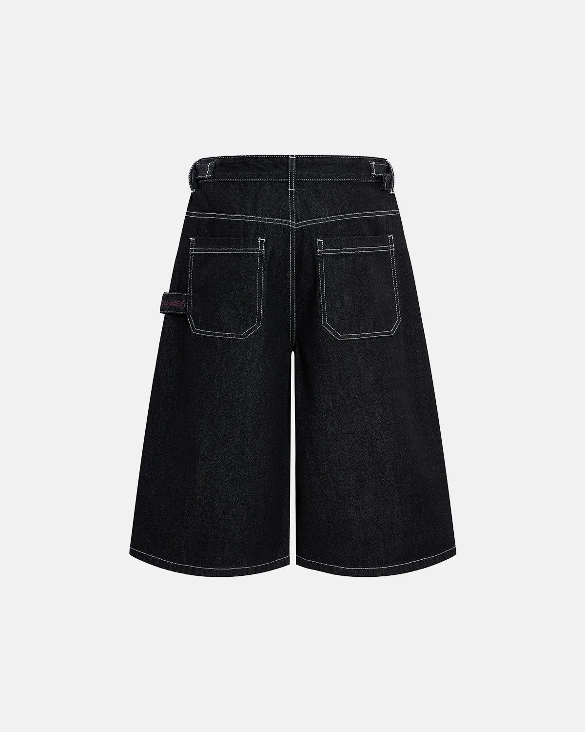 clean minimal jorts in dark raw denim with contrast stitching