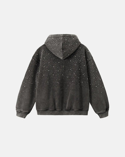 Distressed Washed Fleece Rhinestone Zip Up Hoodies | LCDEGO Streetwear