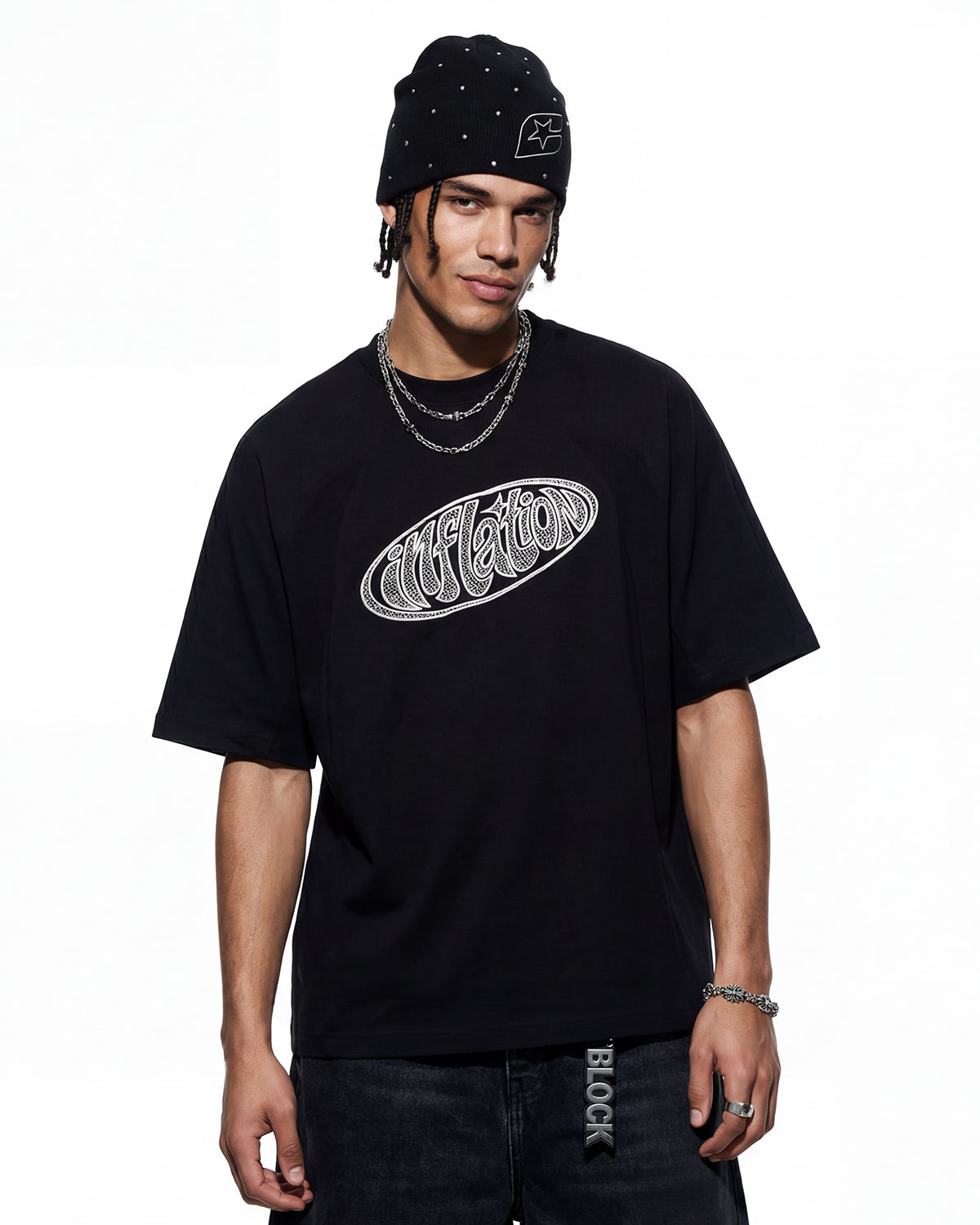 chest embroidery detail on oversized streetwear T-shirt