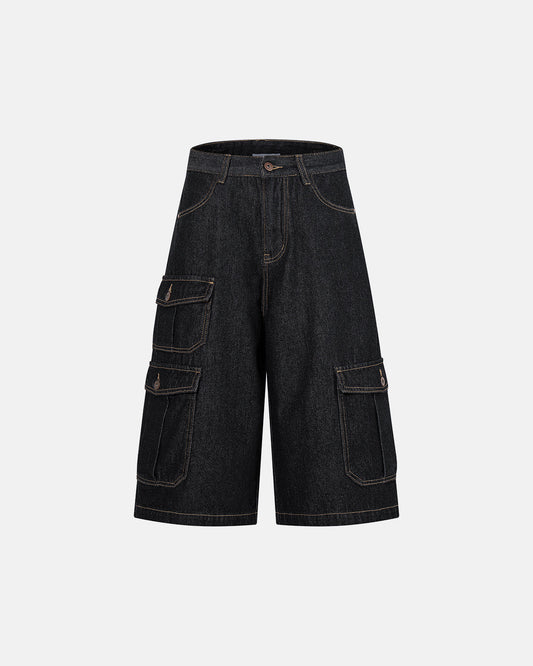 raw denim longline cargo jorts with adjustable waist tabs and pockets