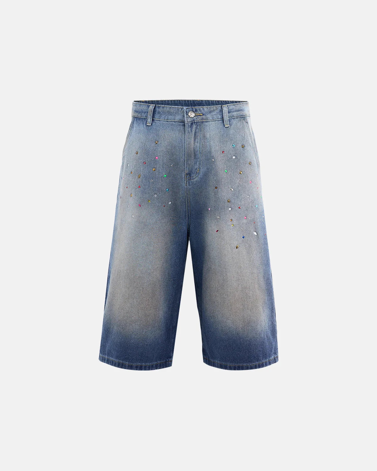 Rhinestone Washed Denim Baggy Jorts | LCDEGO Streetwear