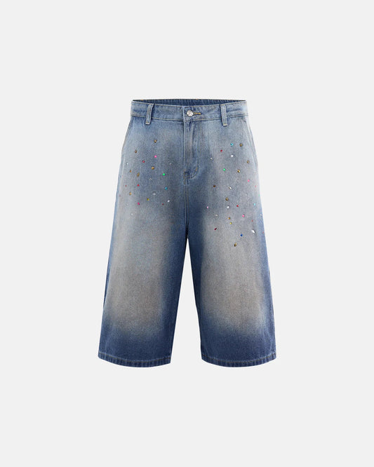 Rhinestone Washed Denim Baggy Jorts | LCDEGO Streetwear