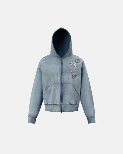 Blue Distressed Acid Wash Zip Up Hoodies | LCDEGO Streetwear