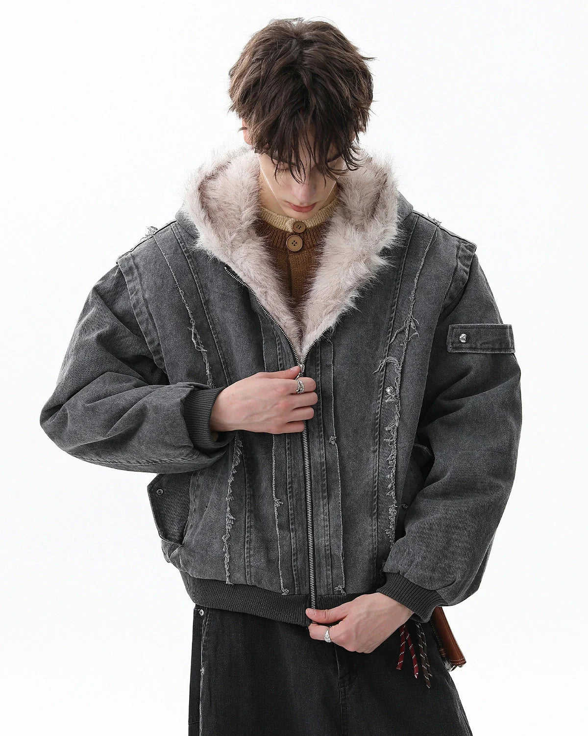 Faux Fur Lined Washed Hooded Jacket | LCDEGO Streetwear