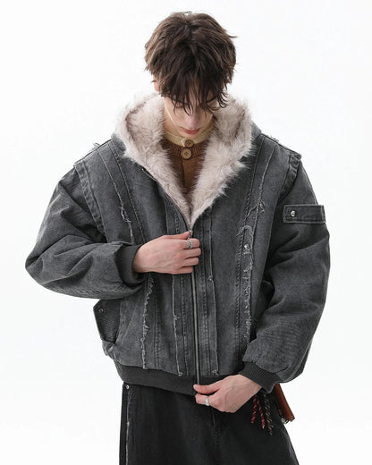 Faux Fur Lined Washed Hooded Jacket | LCDEGO Streetwear
