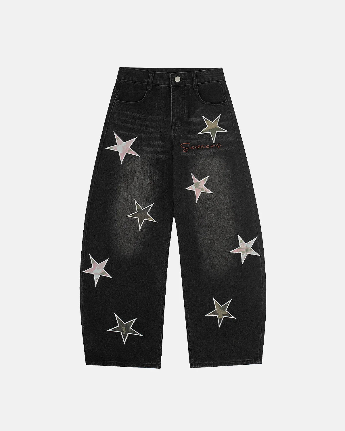 Acid Washed Star Embroidered Barrel Jeans | LCDEGO Streetwear