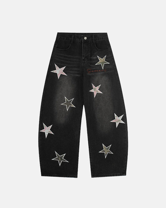 Acid Washed Star Embroidered Barrel Jeans | LCDEGO Streetwear